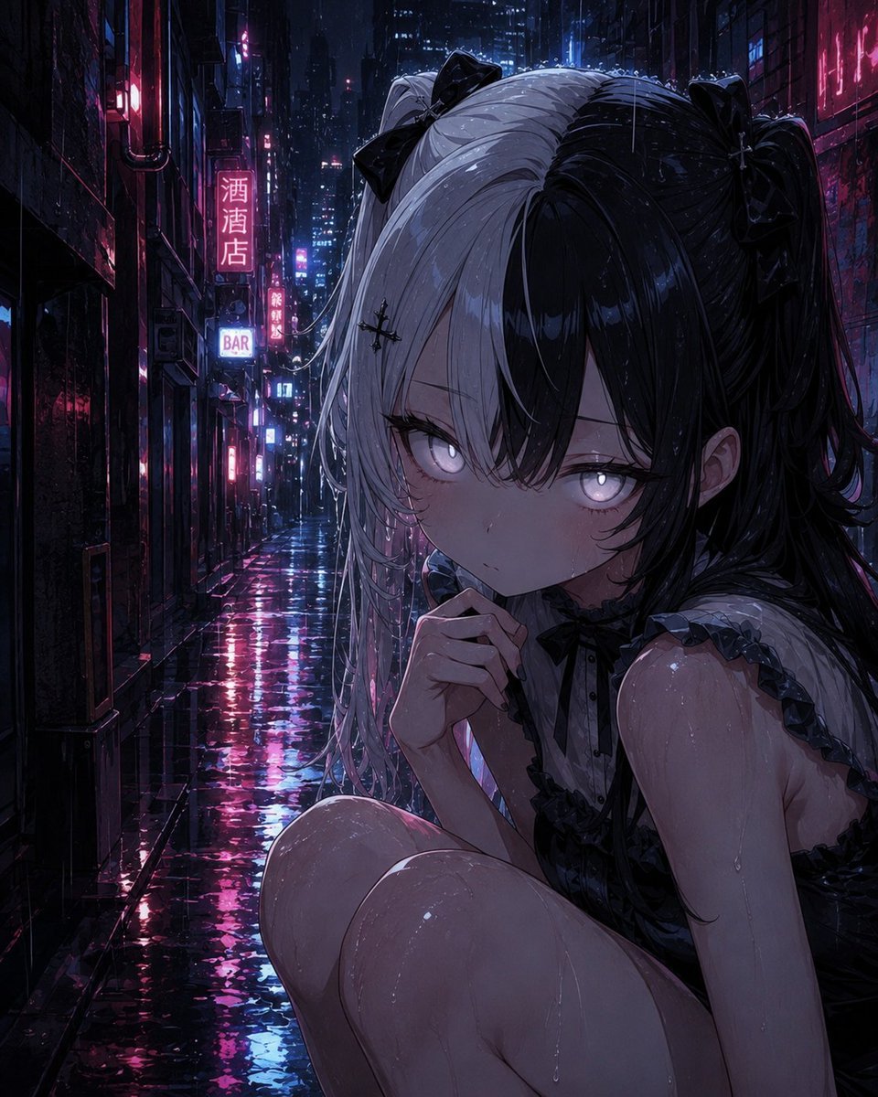 Rainy Gothic Alley Anime Girl — AI image template example