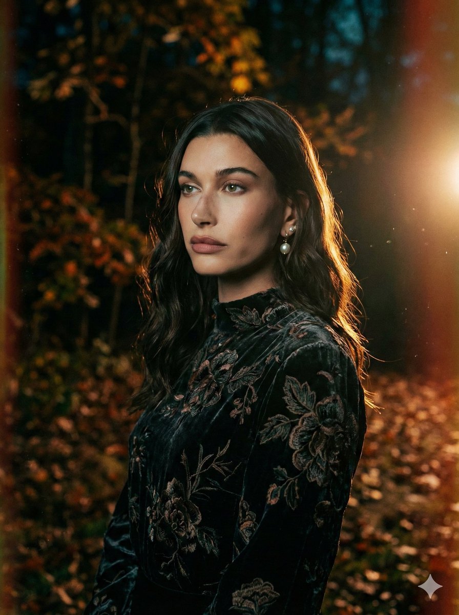 Cinematic Night Forest Editorial Portrait Prompt
