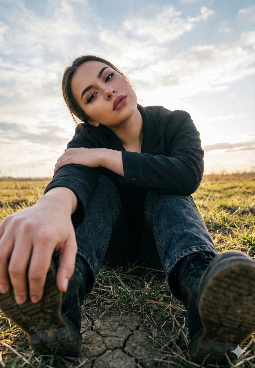 Cinematic Low Angle Portrait in a Dry Field