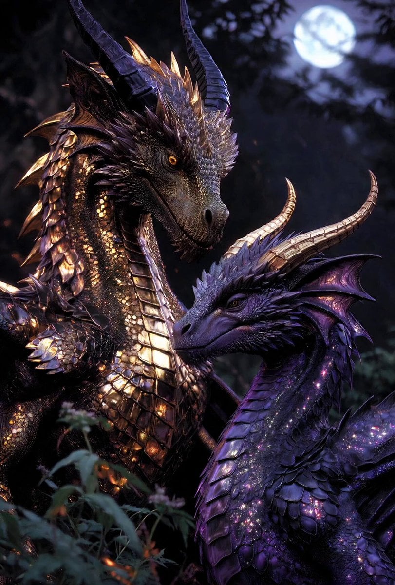 Dragons in Moonlit Forest