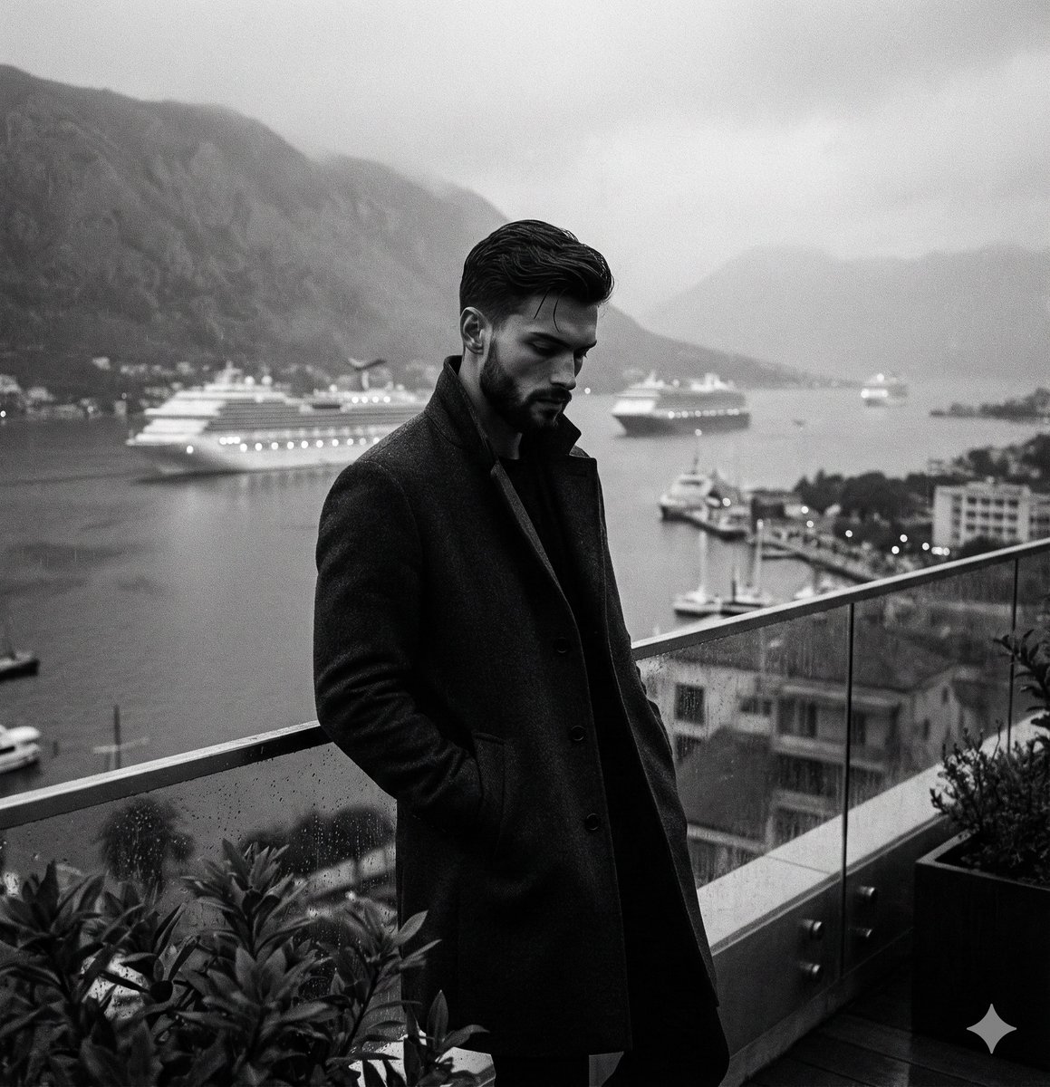 Cinematic black and white photograph of a man in a dark overcoat leaning