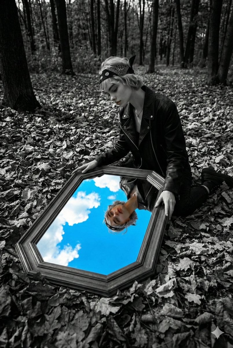 Surreal Black and White Forest Scene with Color Reflection