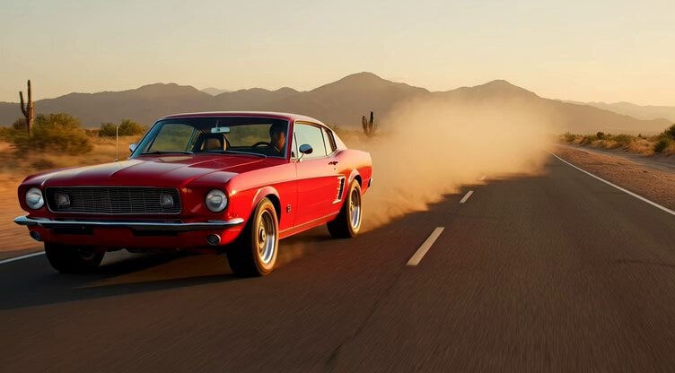 1967 Mustang Racing on Desert Highway at Golden Hour
