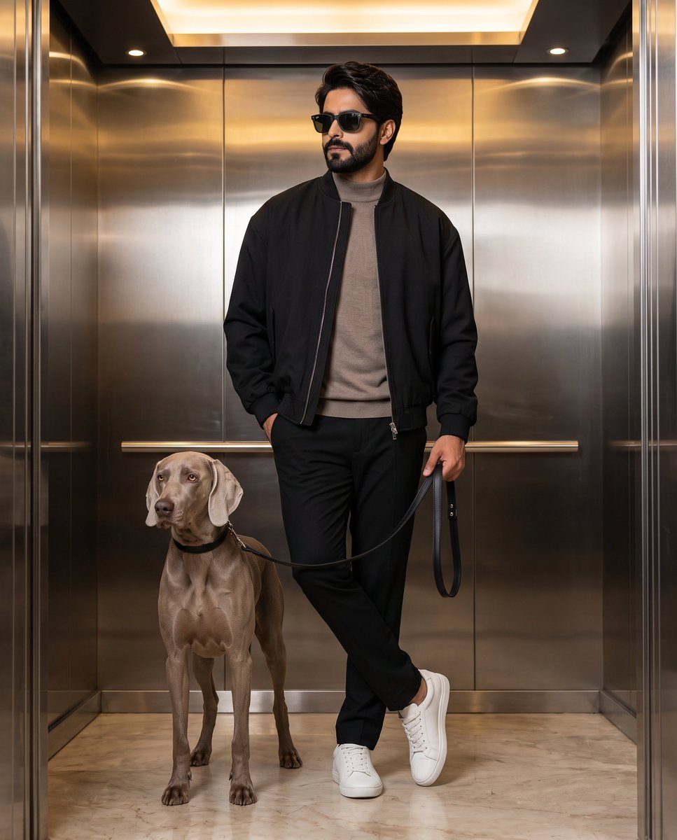 Stylish Man with Weimaraner in Modern Elevator — AI image template example