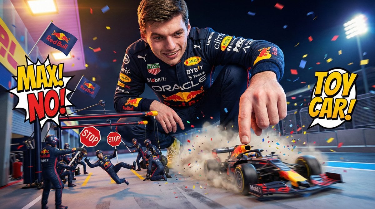 Comedic Giant Max Verstappen in Pit Lane