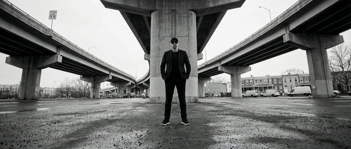 High-Contrast Documentary Photo Under a Brutalist Overpass