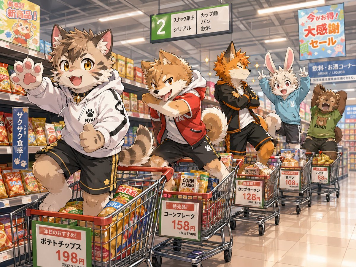 Anime Mascots in Supermarket Carts — AI image template example