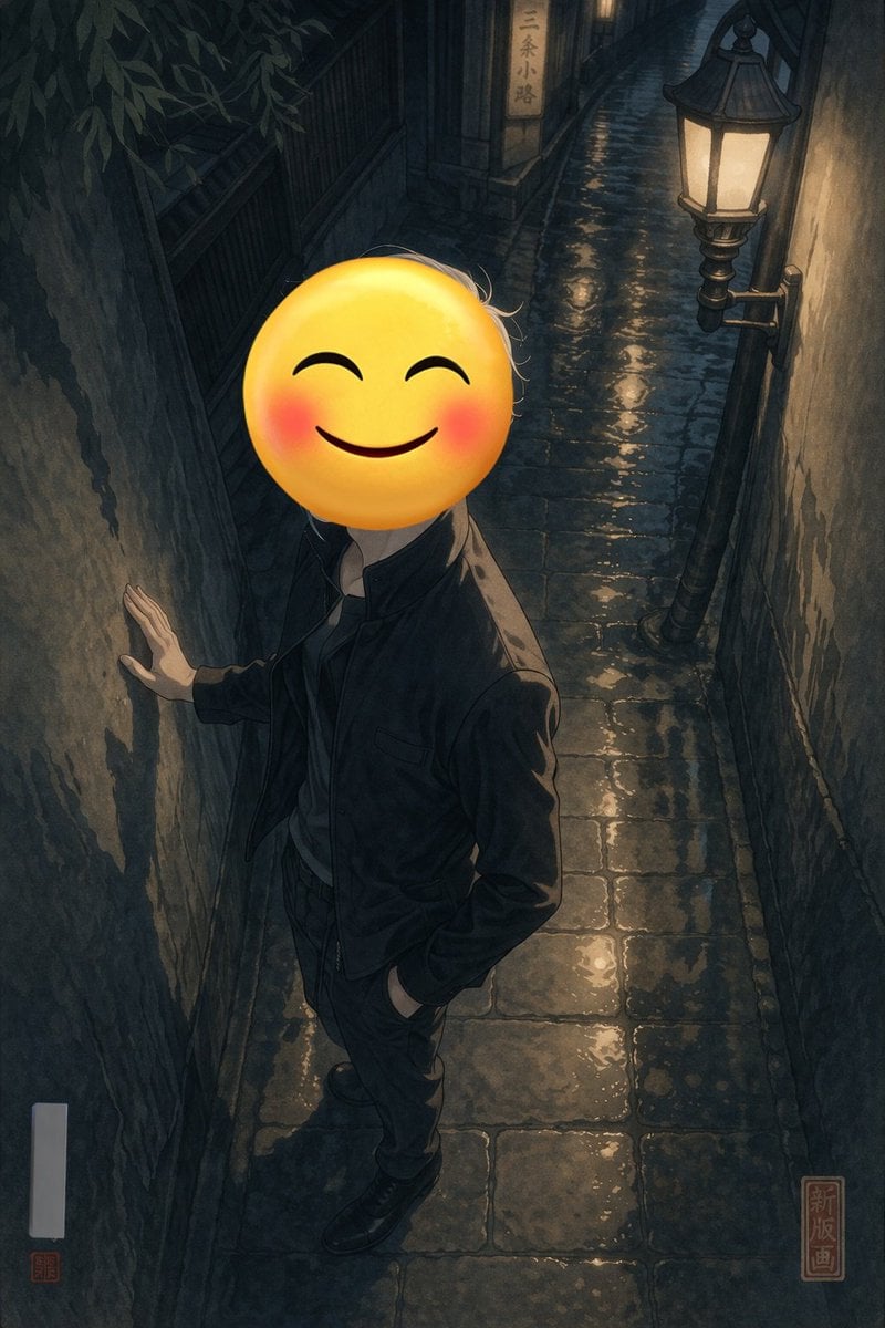 Figure with Emoji Head in Sunlit Alley reference image 2