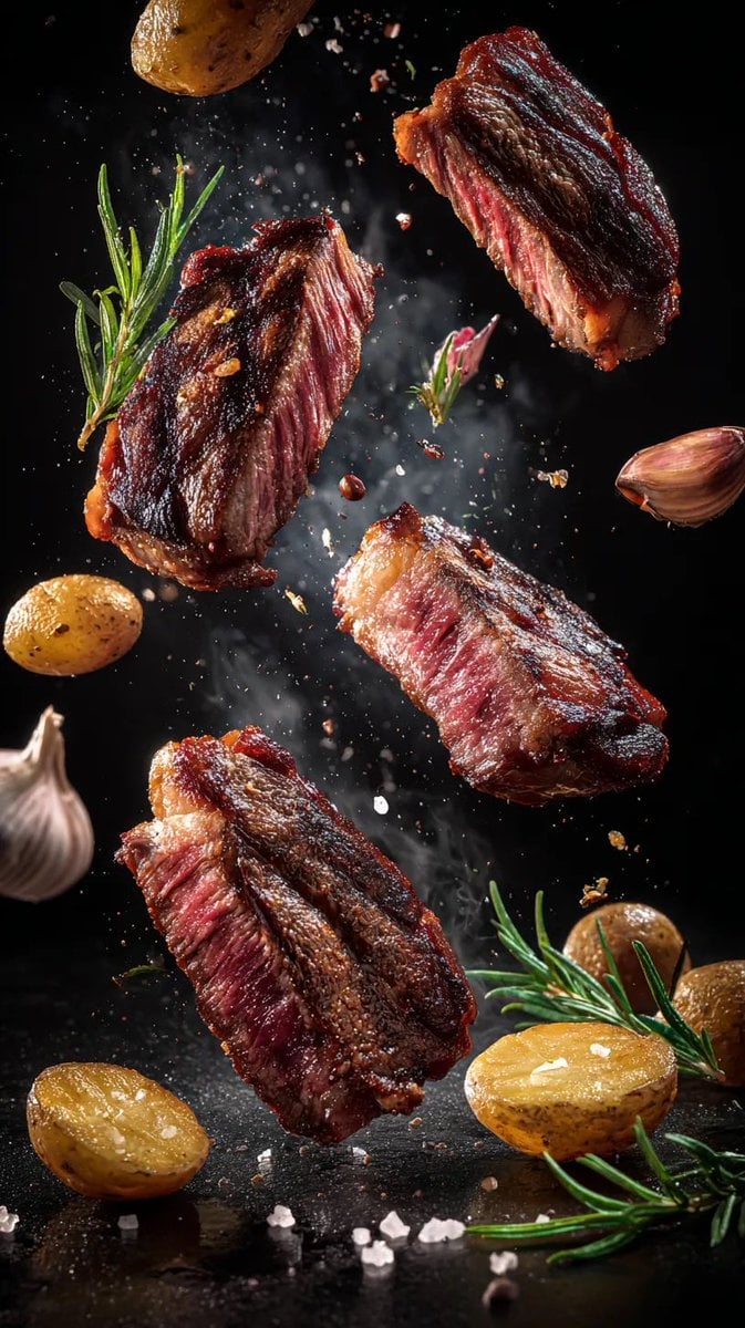 Cinematic Food Photography Prompts for Floating Steak and Shrimp