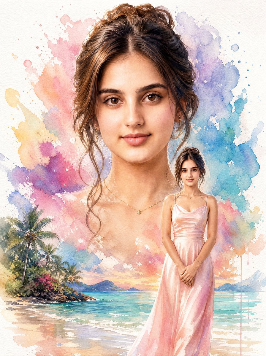 Watercolor Beach Portrait Collage — AI image template example