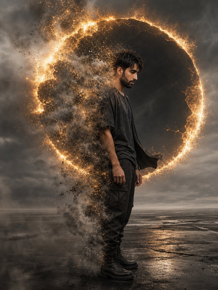 Cinematic Eclipse Disintegration Portrait — AI image template example