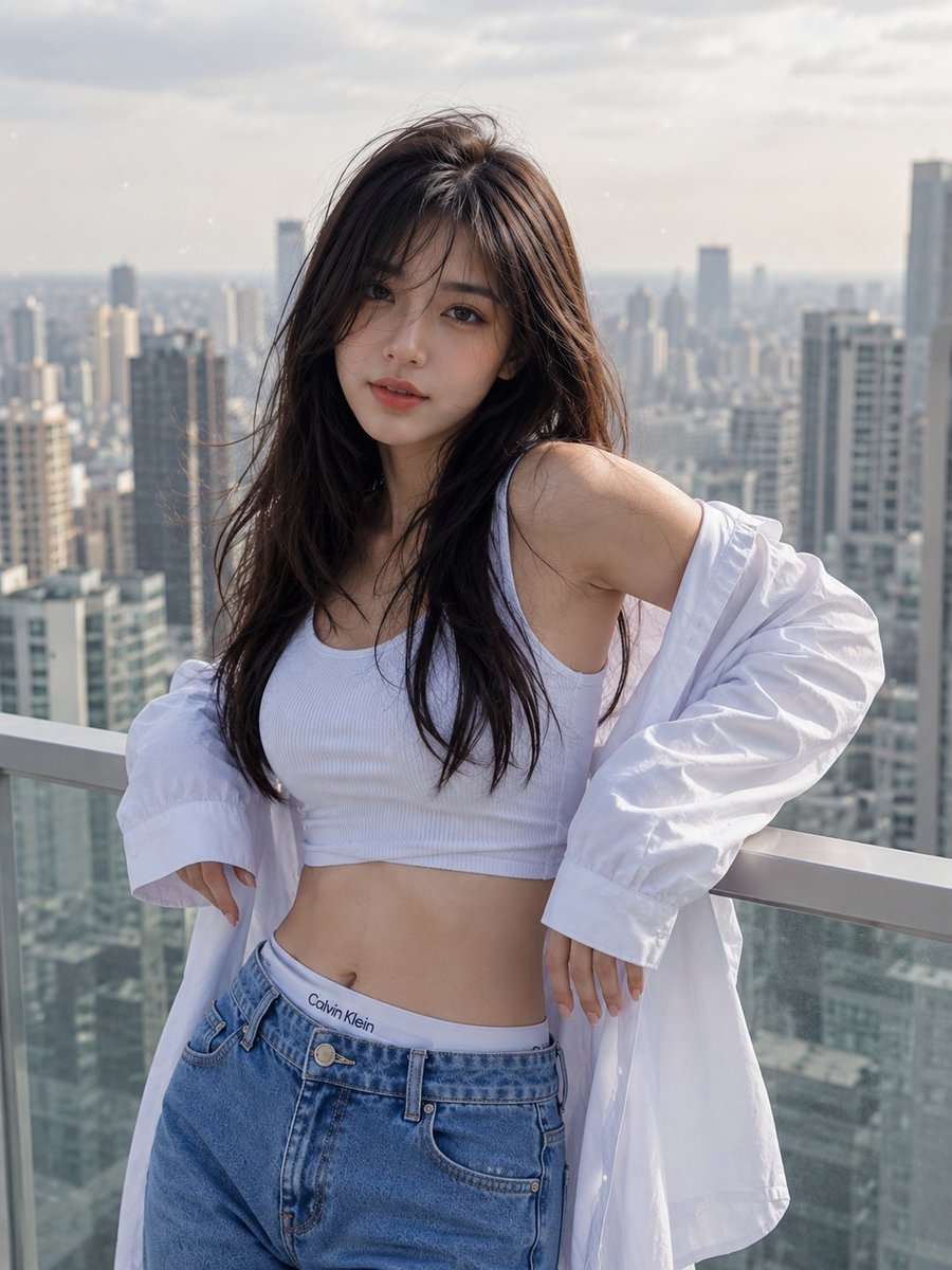 City Skyline Balcony Fashion Portrait — AI image template example