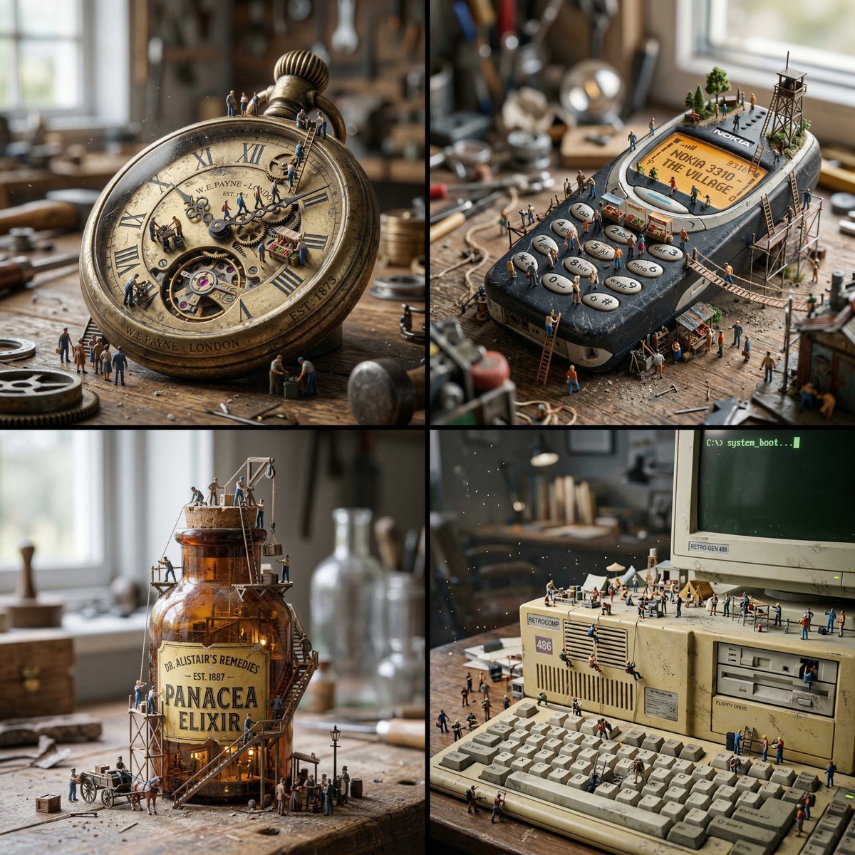 Hyper-realistic macro photograph of a miniature surreal scene — AI image template example