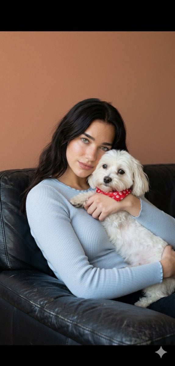 Dua Lipa Cozy Portrait with Maltese Dog Prompt