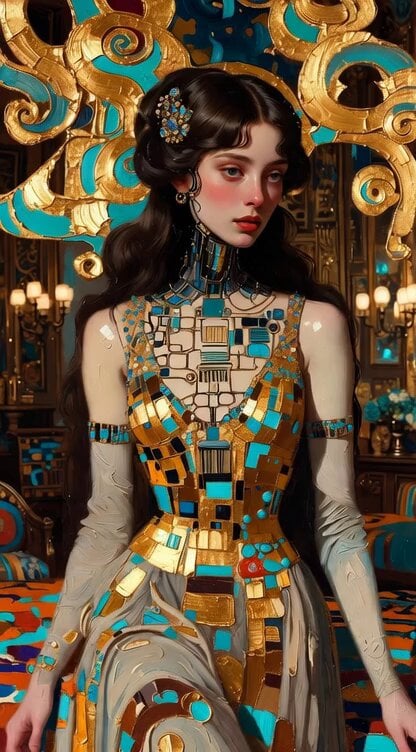 Impasto Oil Painting of Female Robot, Klimt Style