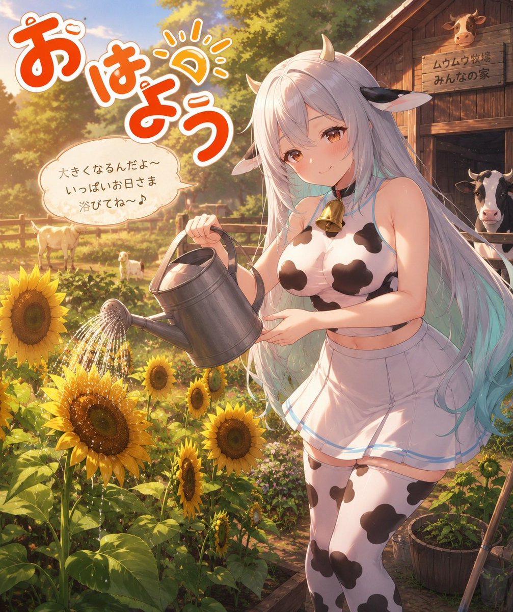 Cow Girl Watering Sunflowers — AI image template example