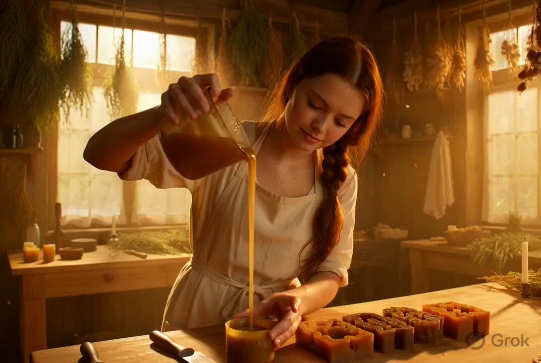 Photorealistic cinematic portrait of a gentle candle maker