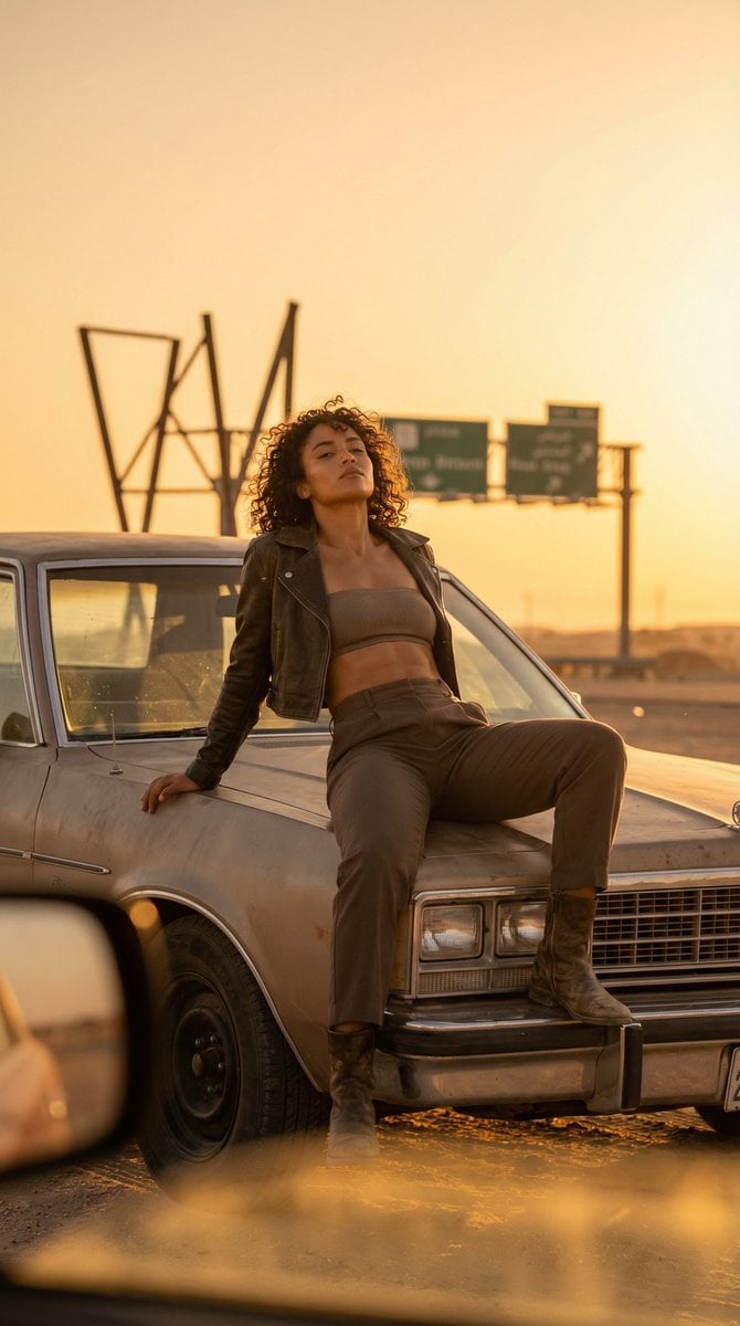 Cinematic Desert Rest Stop Portrait at Golden Hour