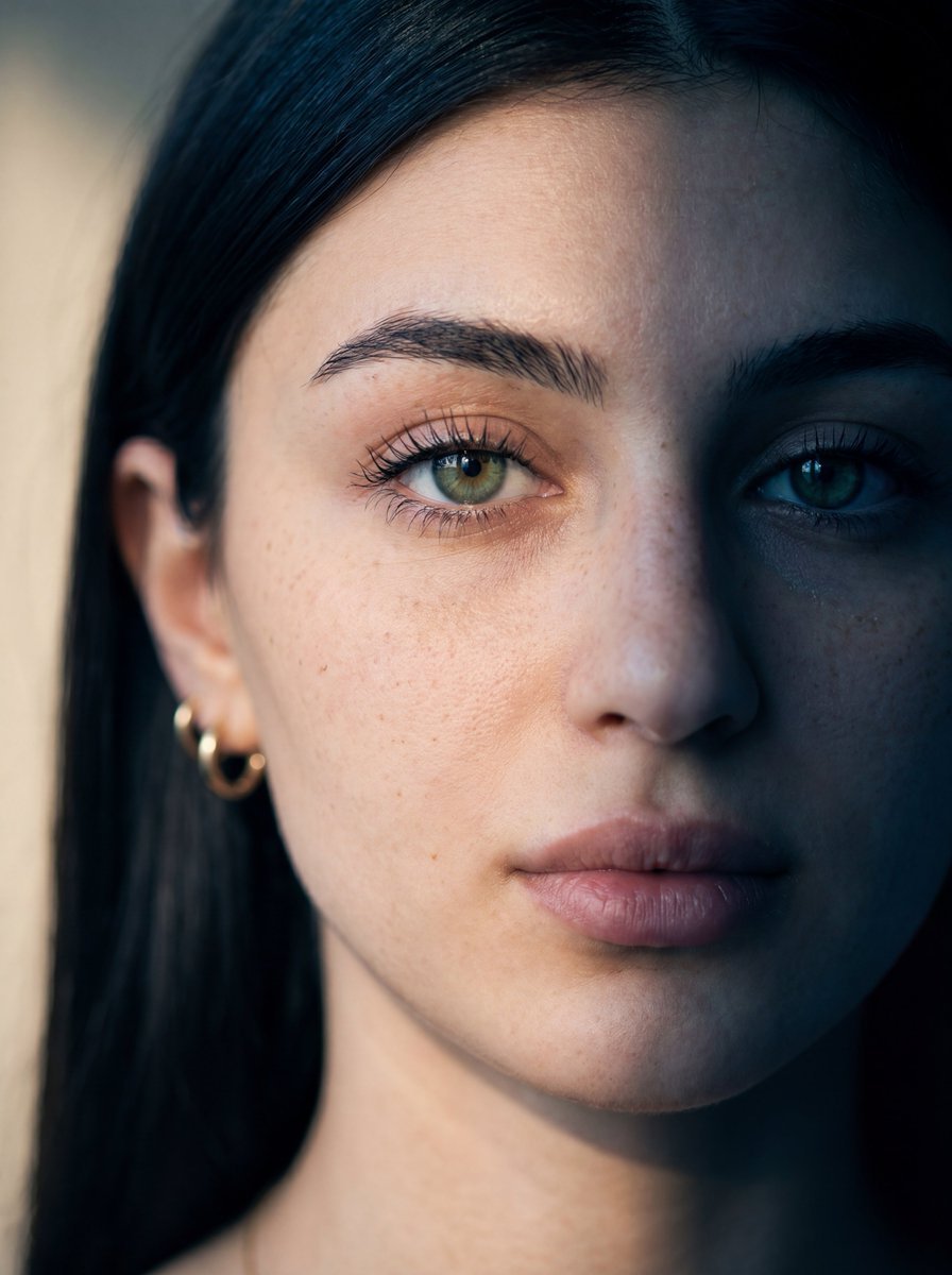 Ultra-realistic close-up portrait of a young woman with fair skin — AI image template example