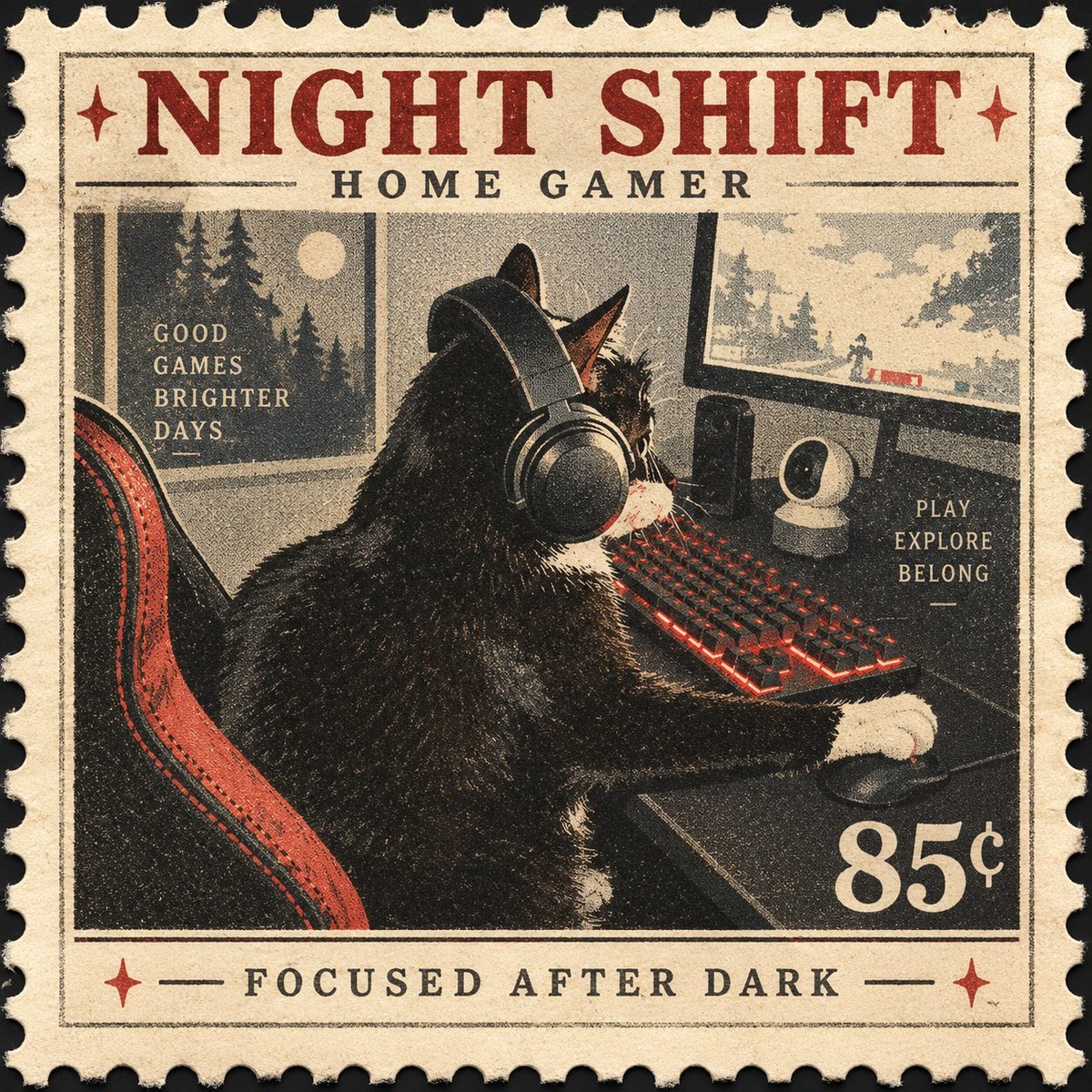Vintage Night Shift Gamer Cat Stamp