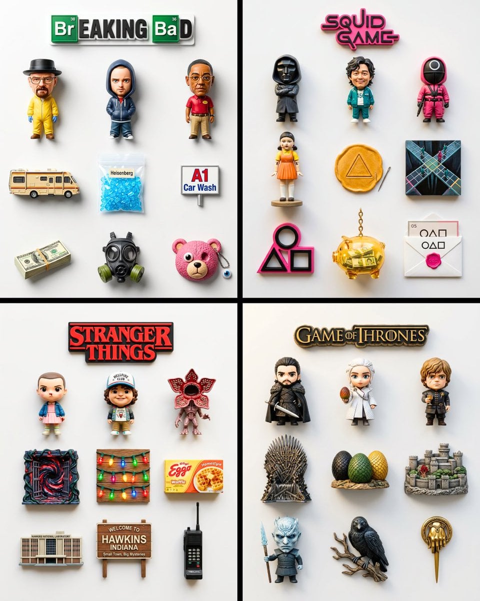 A flat-lay collection of exactly 9 hyper-realistic 3D resin fridge