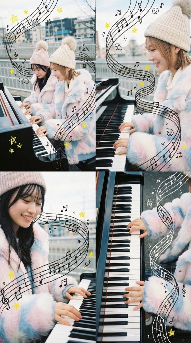 Panel Grid Composition with Piano Scene and Crayon Art Overlay