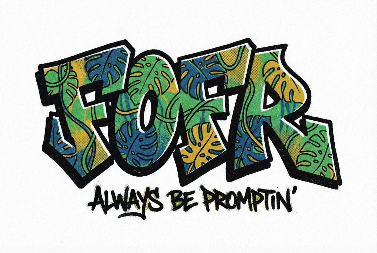 The word fofr as aggressive hard-edge graffiti with a monstera leaf