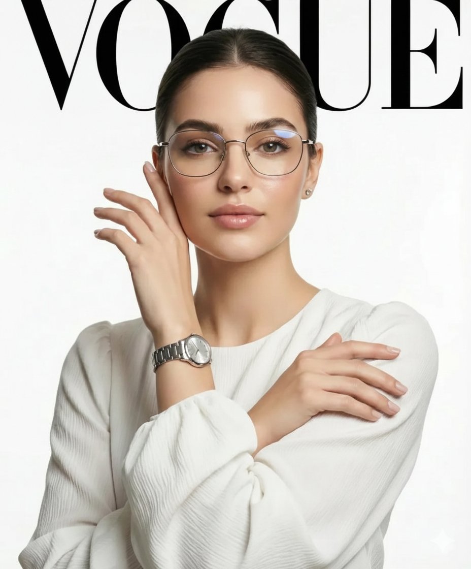 A high-definition, professional fashion editorial photograph — AI image template example