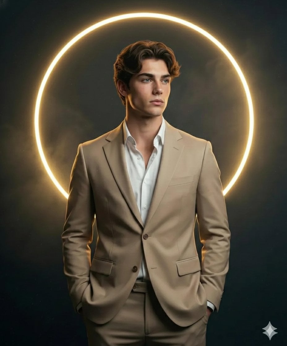 A high-definition, cinematic portrait of a sharp, handsome young man