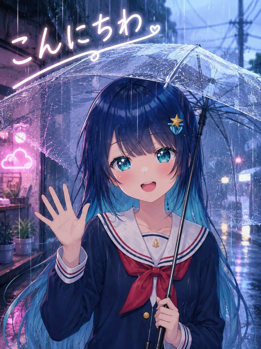 Rainy Anime Schoolgirl Greeting — AI image template example