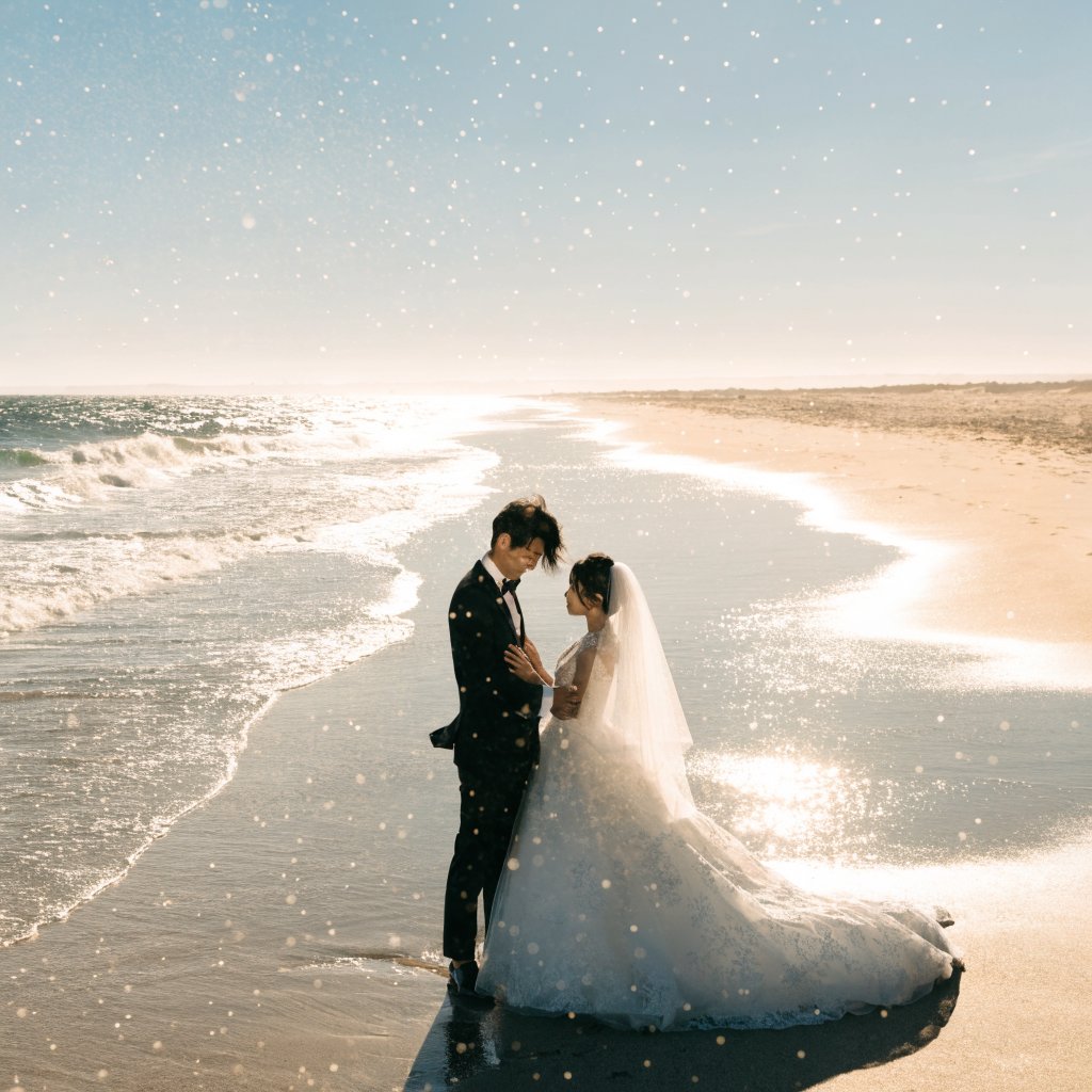 Golden Beach Wedding Portrait — AI image template example