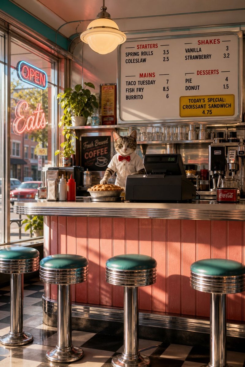 Retro Diner with Cat Cashier — AI image template example