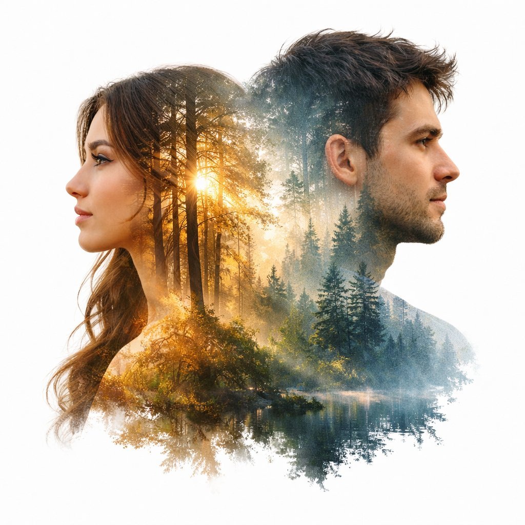 Cinematic Double-Exposure Portrait of Contrast and Connection