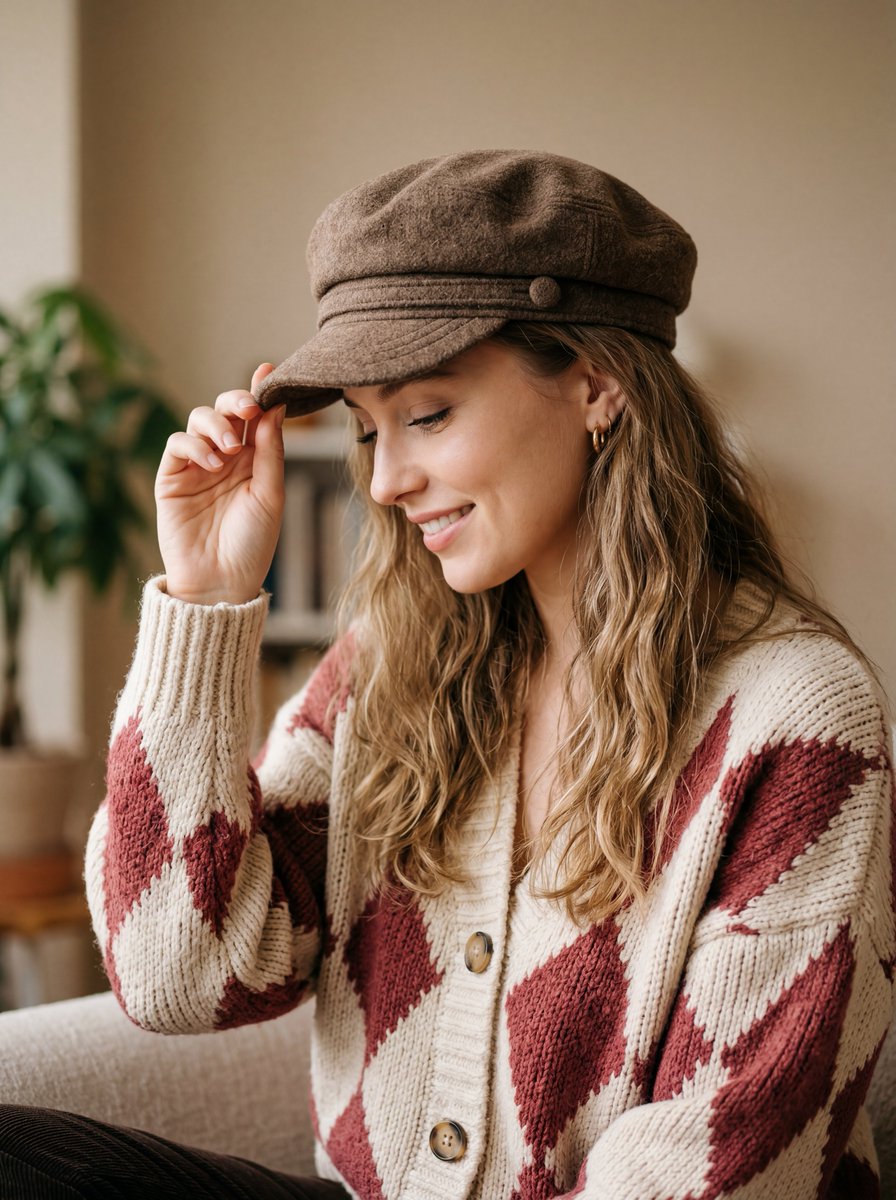 A warm, cozy, and high-quality portrait of a young woman with long, wavy