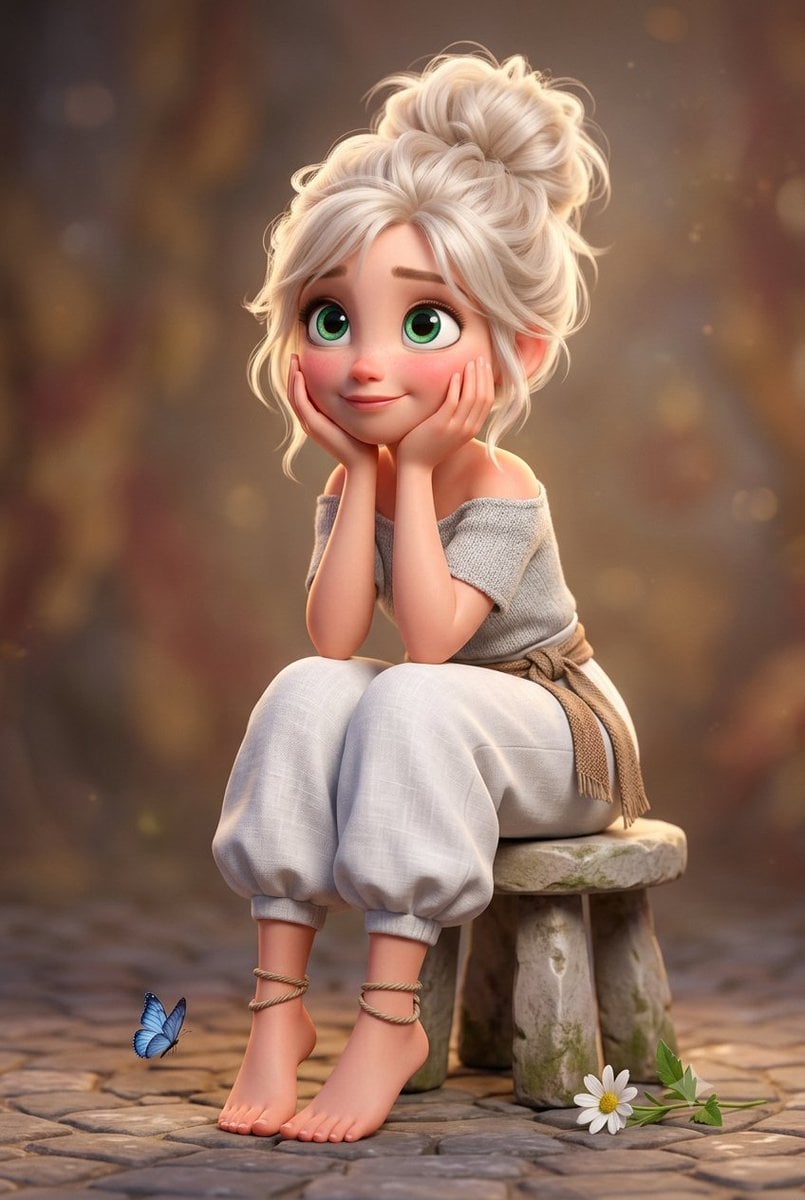 3D Stylized Cartoon Girl on Stone Stool — AI image template example