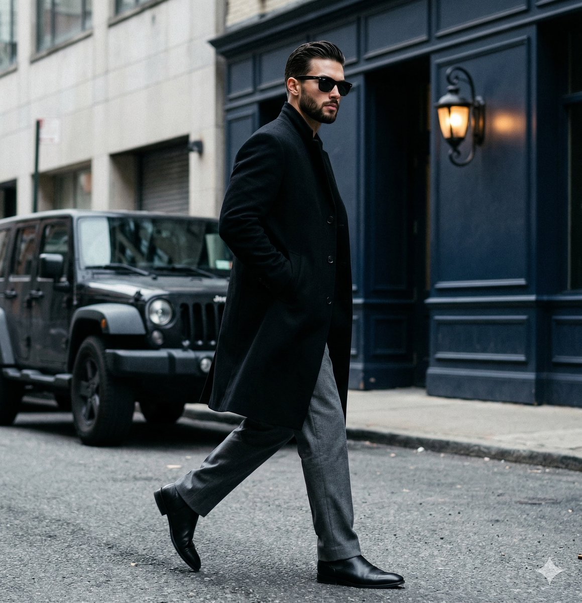 A candid paparazzi-style street photography shot of a handsome man