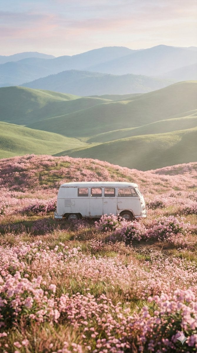 Cinematic Landscape of Minimalist Van in Pink Flower Fields