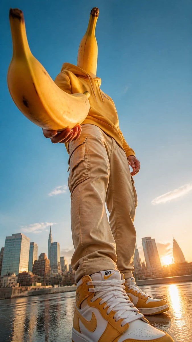 Surreal Banana Head Fashion Portrait — AI image template example