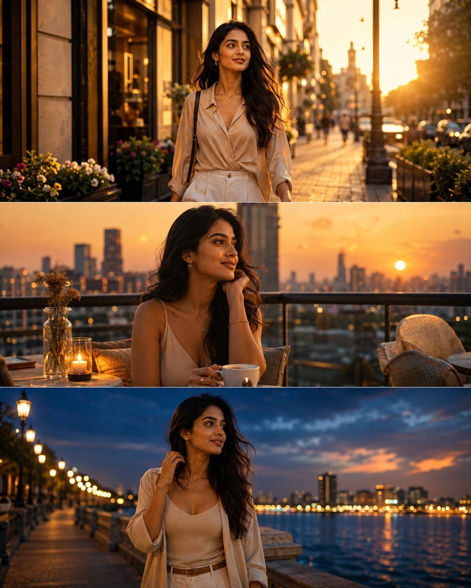 Indian Woman Golden Hour Story Triptych — AI image template example