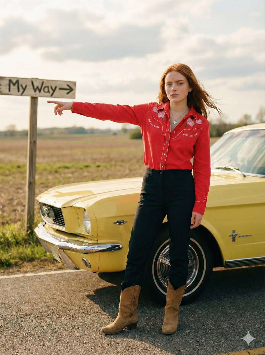 Standing beside the car, torso slightly angled, arm extended