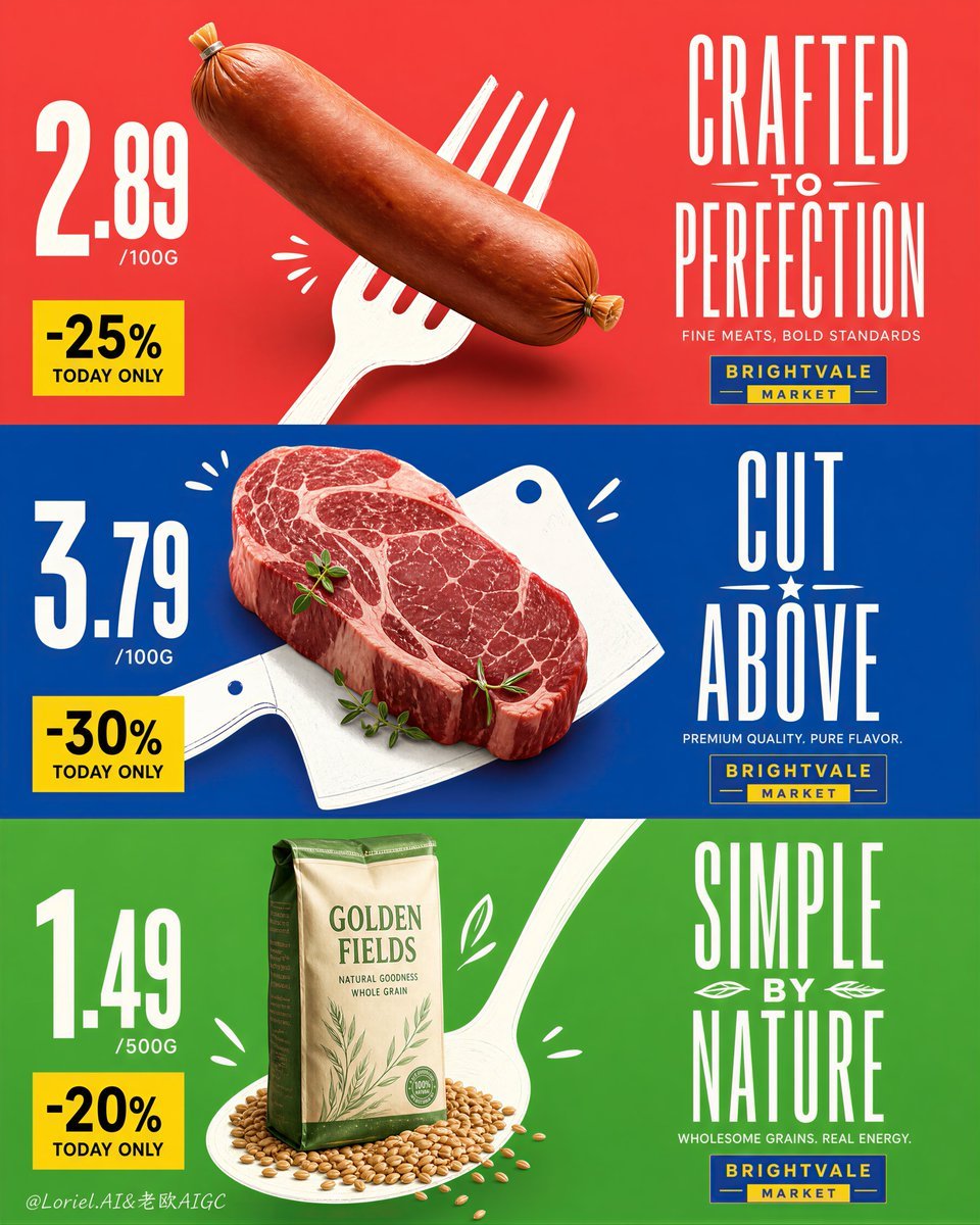 Premium Supermarket Triptych Campaign — AI image template example