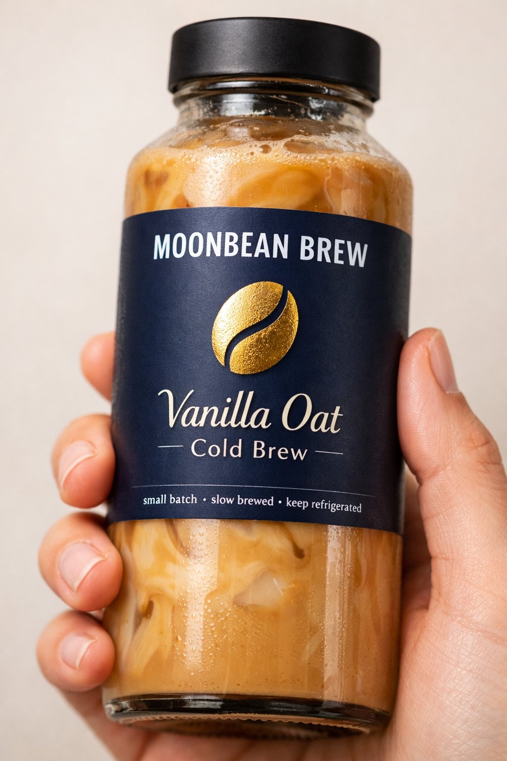 A tight close-up commercial product photo of a premium labeled