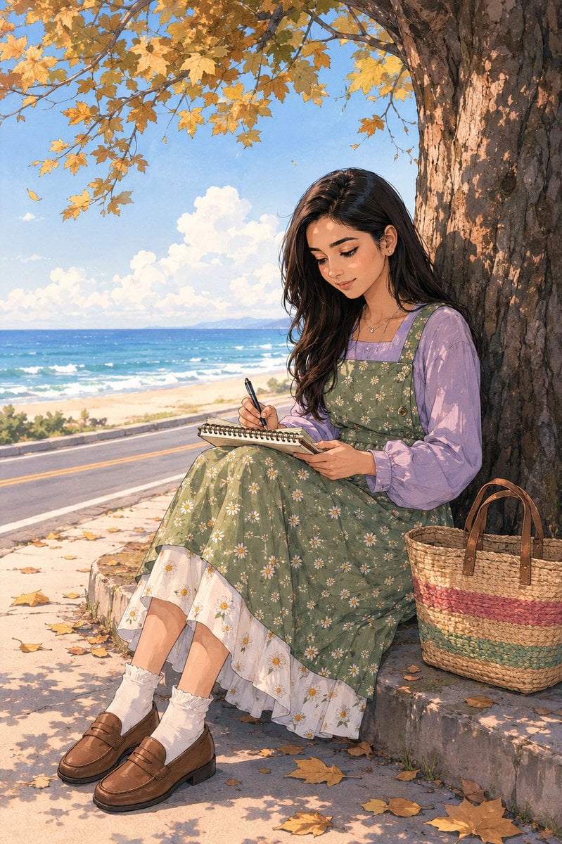 Anime Girl Sketch by the Sea — AI image template example