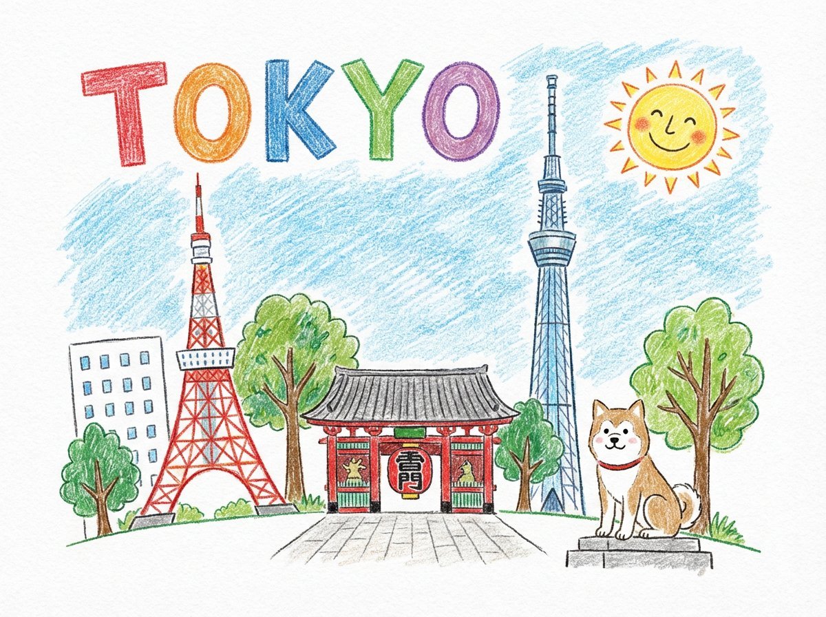 Child-like Crayon and Colored Pencil City Drawing