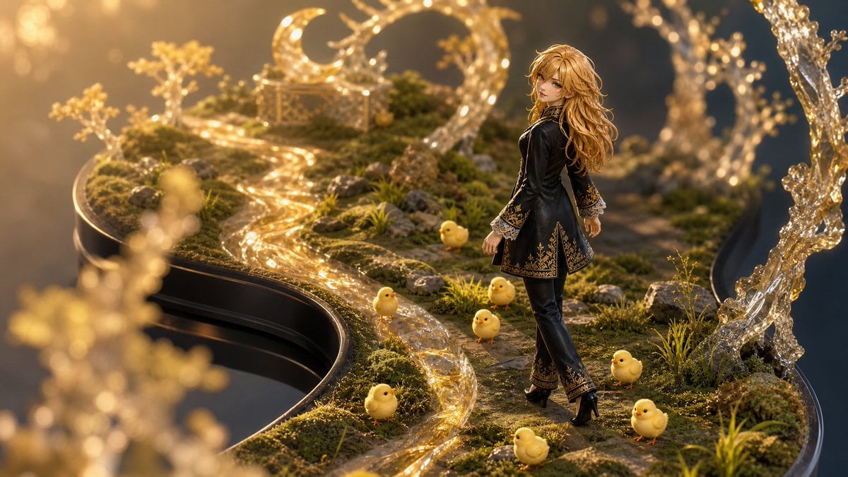 Golden Fantasy Diorama with Chicks — AI image template example