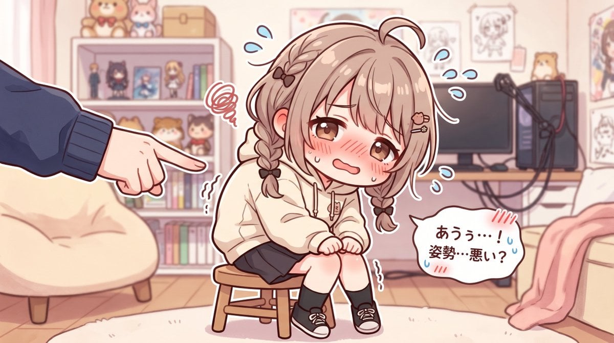 Embarrassed Anime Girl on Tiny Stool