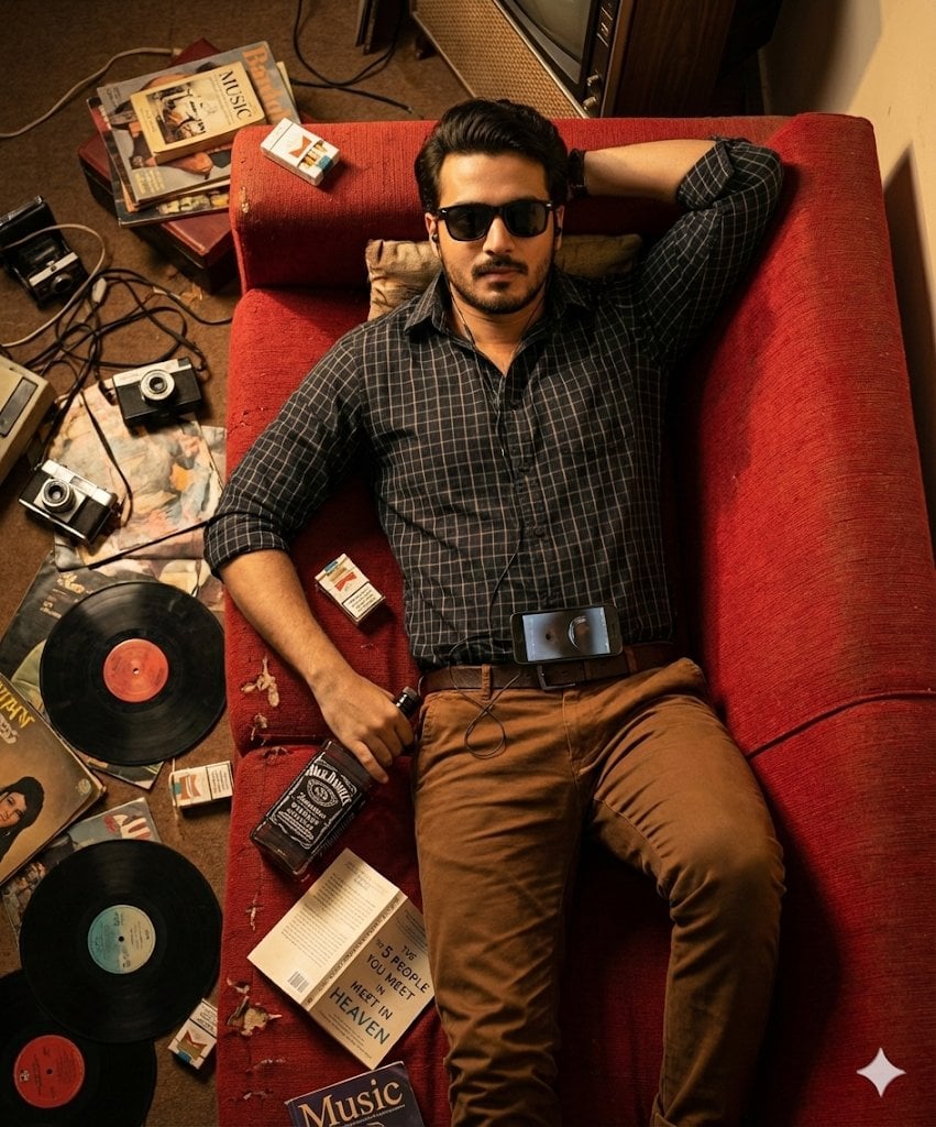 Cinematic Overhead Portrait of a Man on a Red Couch