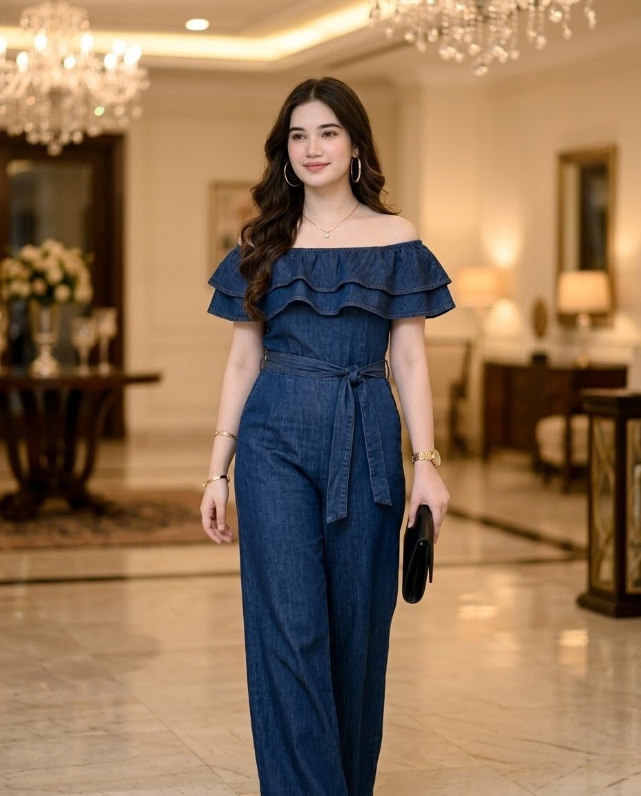 Luxury Hotel Denim Jumpsuit Portrait — AI image template example
