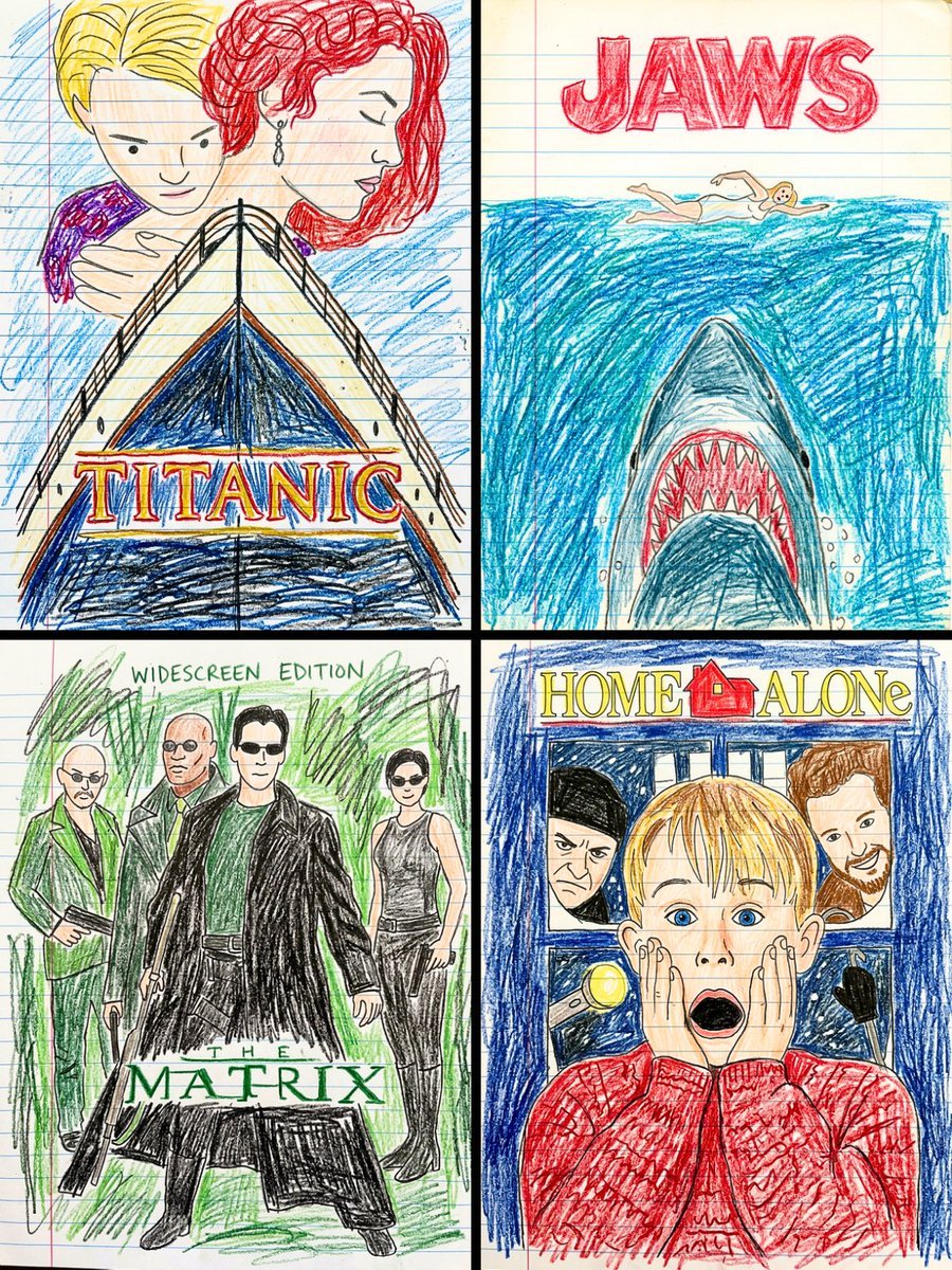 This movie poster into a child s crayon drawing on lined notebook paper