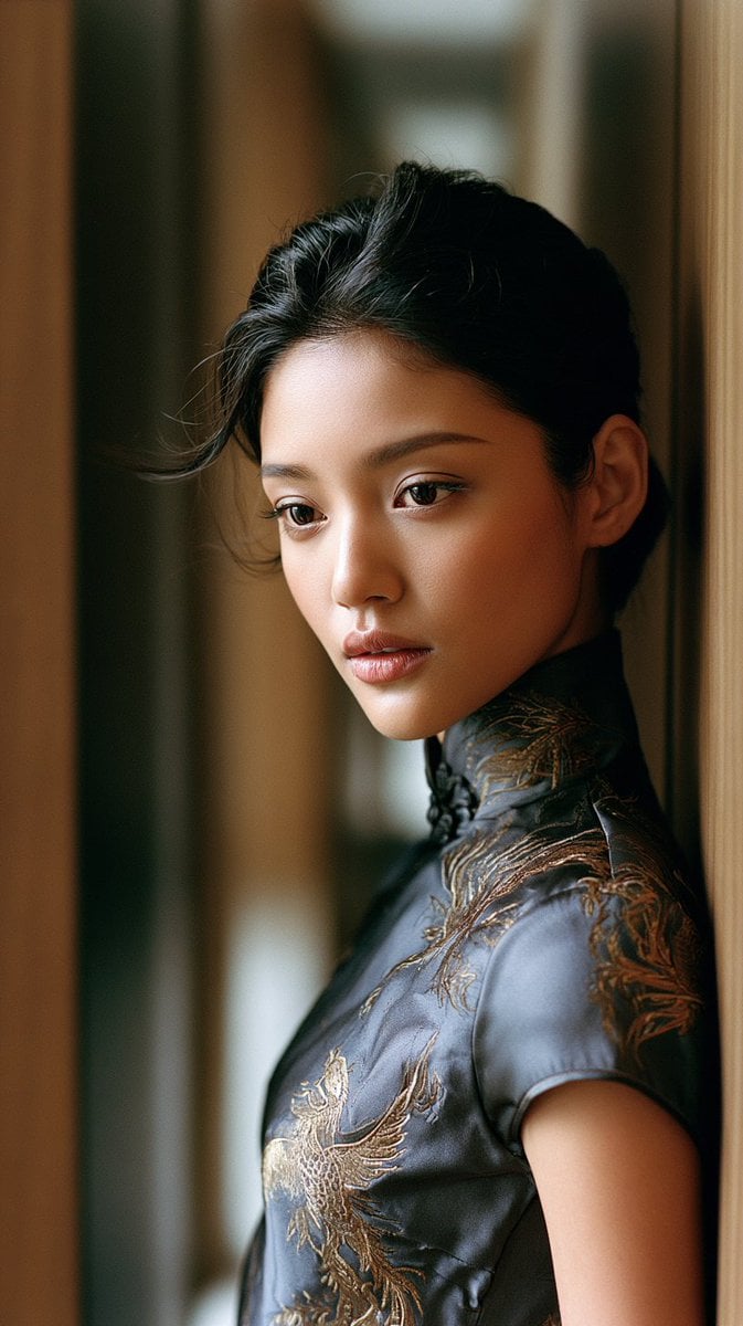 East Asian Woman in Silk Qipao